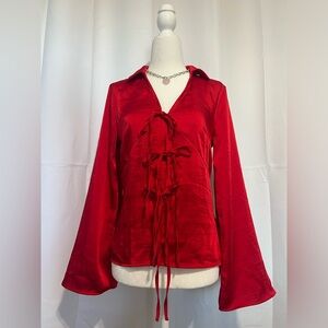 Red Satin Tie-Front Blouse w/ Long Bell Sleeves  🍒